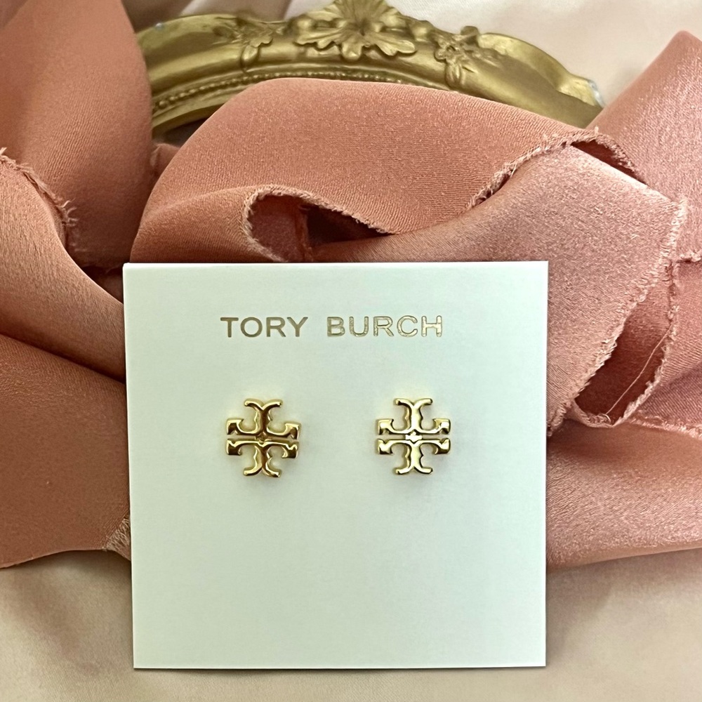 Tory Burch Logo Small Stud Earrings 18k Gold Plate Double T Square New